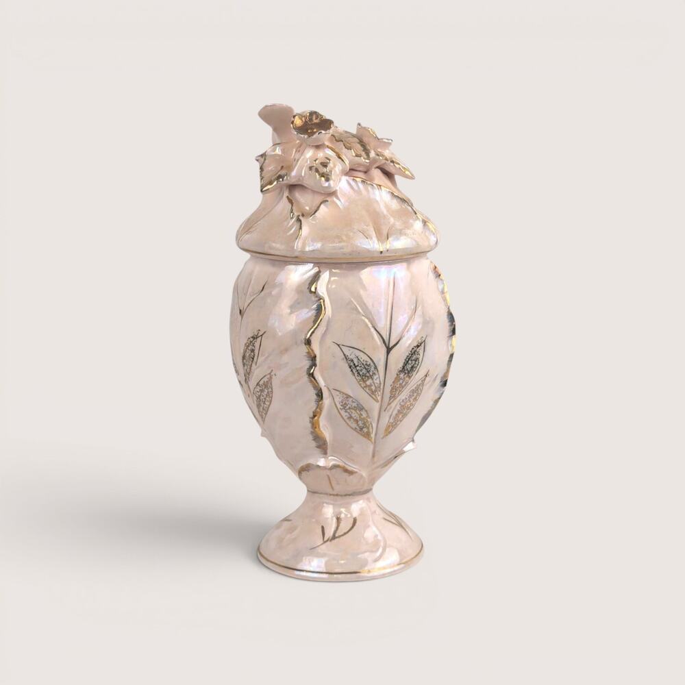 Vintage Pink Ceramic Lidded Compote Iridescent Gold Leaf Vanity Jar